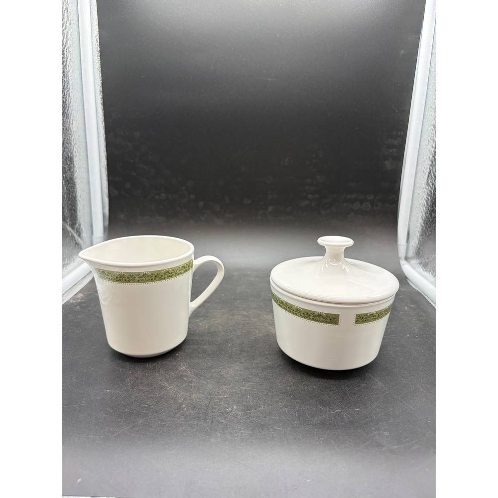 Centura by Corning Green Laurel Creamer and Lidded Sugar Bowl Set Vintage White